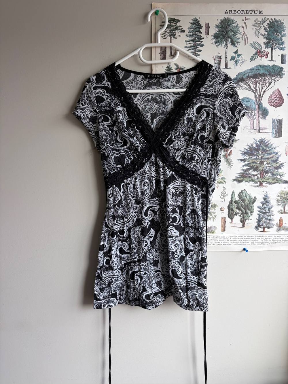 George Black & White Paisley Lace-Trim Sleep Top Medium